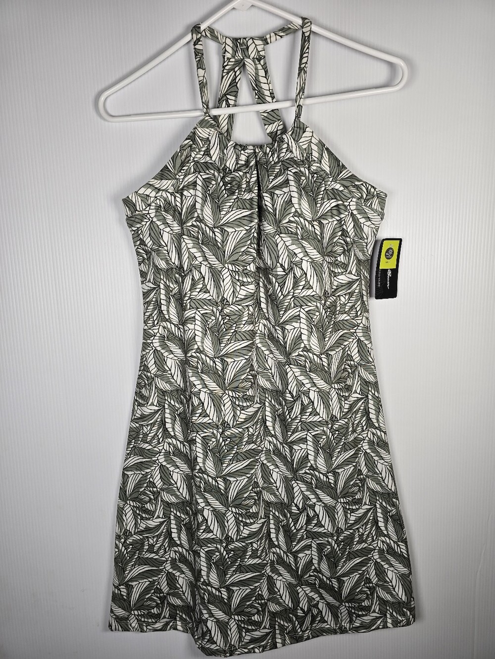 NWT Eddie Bauer Olive and White Leaf-Print Halter Mini Dress Built In Bra Size S - Picture 2 of 13